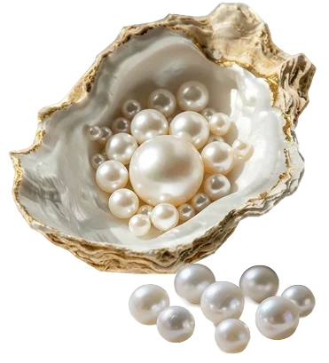 A detailed view of an oyster shell showcasing multiple gleaming pearls inside