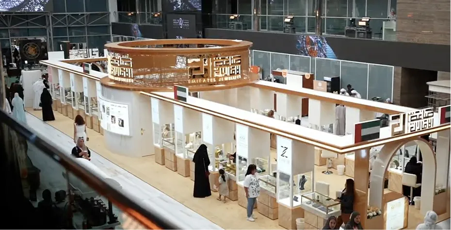 An extensive array of jewelry and watches displayed in a mall, highlighting their elegance and variety