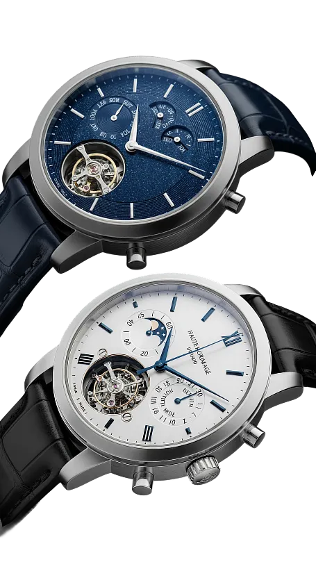 Two watches featuring blue dials and white hands, displayed side by side on a neutral background