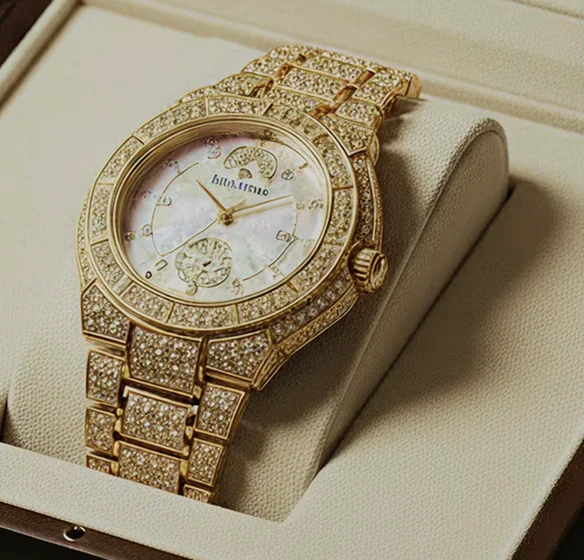 A luxurious gold watch adorned with diamonds on the face, showcasing elegance in watch and jewelry design.