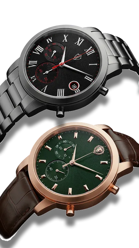 A pair of watches with contrasting black and green dials, highlighting their unique features and aesthetics