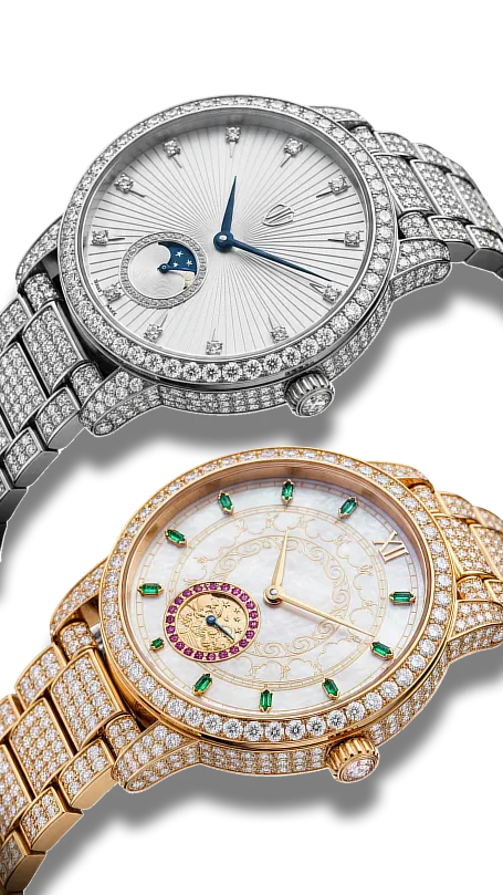 Two elegant watches featuring diamond accents and luxurious gold bands displayed side by side