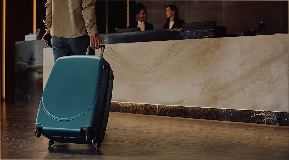 A man holding a suitcase, representing the ease of travel arrangements for participants at the Watch and Jewellery Middle East Show